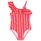 Girls Red & Pink Striped Swimsuit, 1, hi-res