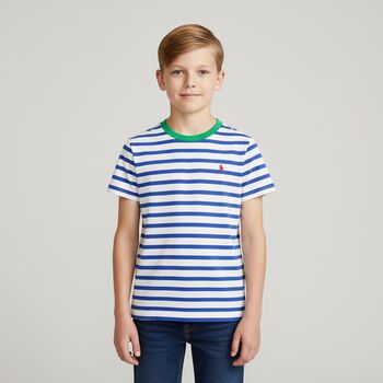 Boys White & Blue Striped Logo T-Shirt