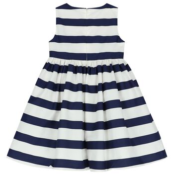 Girls Ivory & Navy Blue Striped Dress