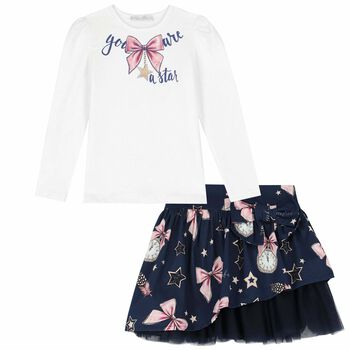 Girls White & Navy Skirt Set