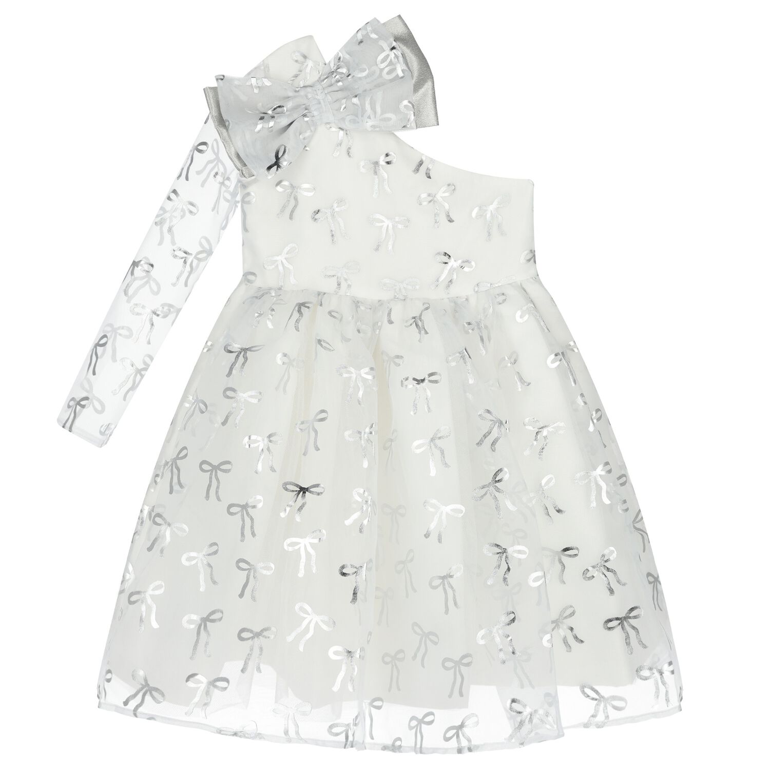 Girls White & Silver Bow Dress, 1, hi-res