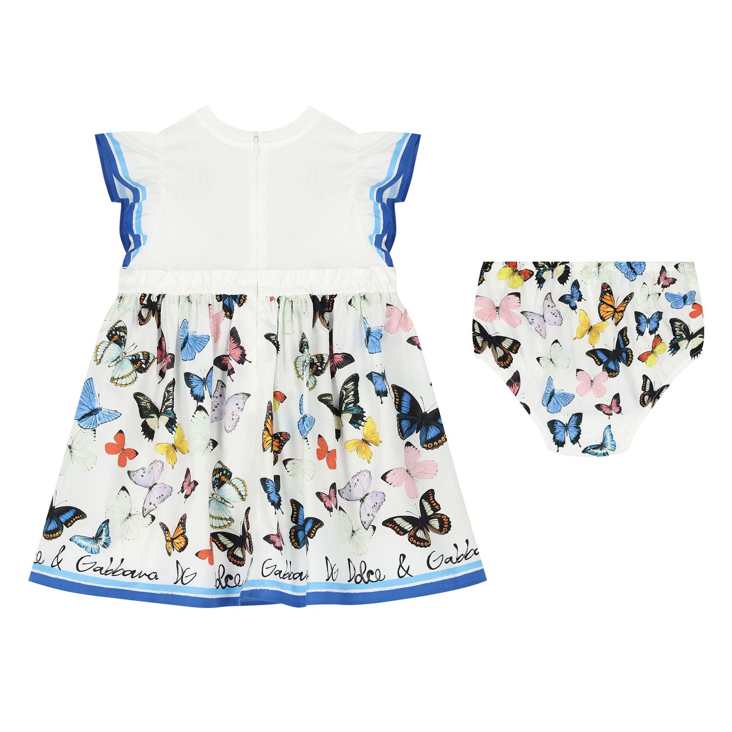Younger Girls White & Blue Poplin Butterfly Print Dress, 1, hi-res