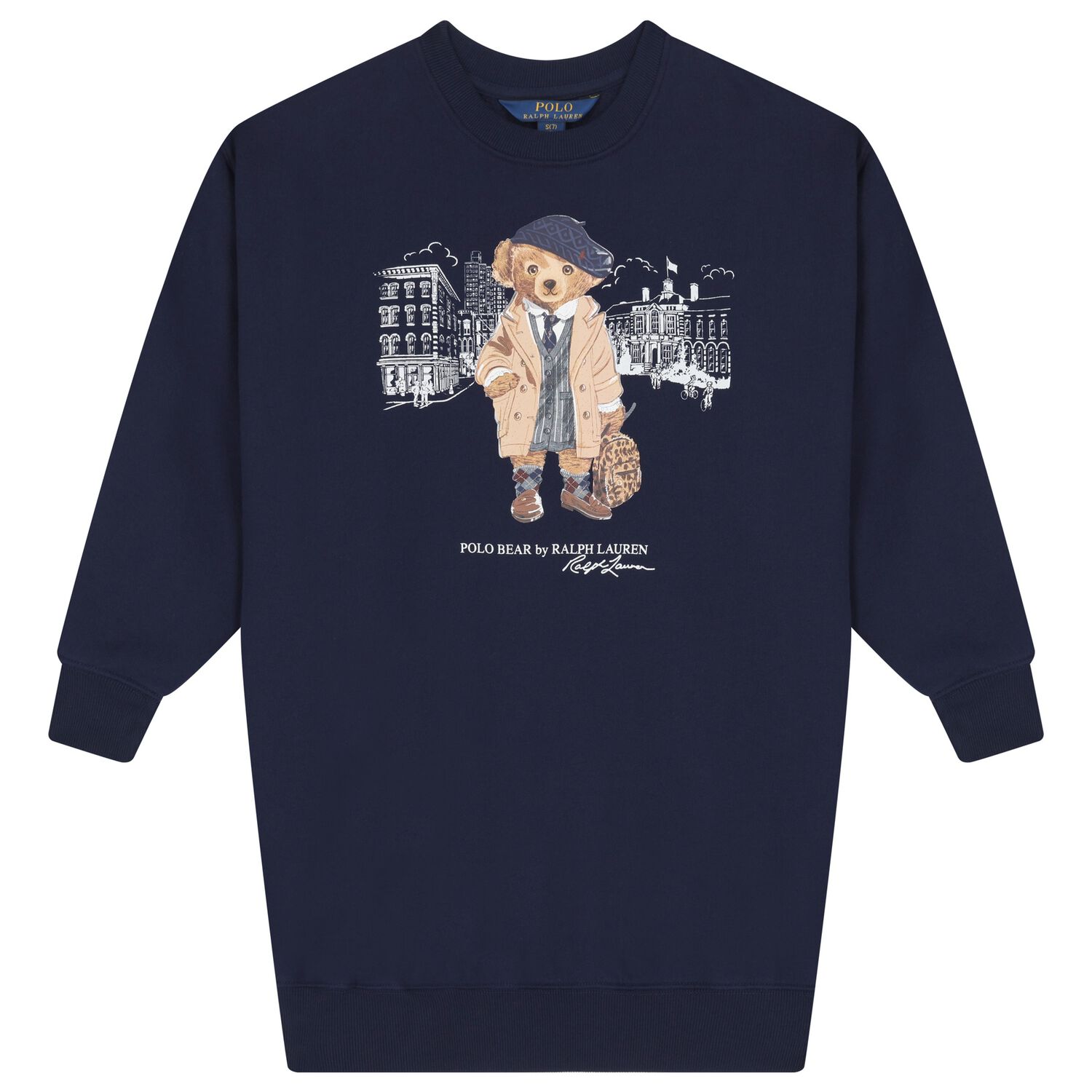 Girls Navy Blue Polo Bear Sweatshirt Dress, 1, hi-res image number null
