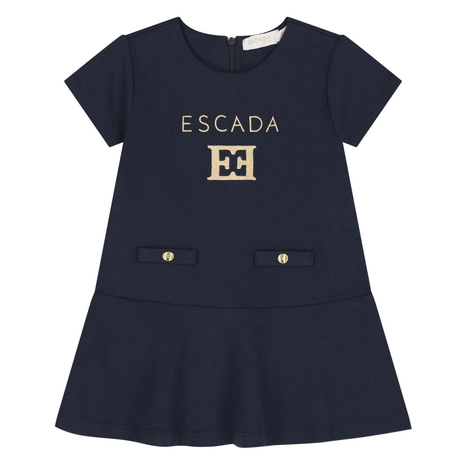 Younger Girls Navy BLue & Gold Logo Dress, 2, hi-res