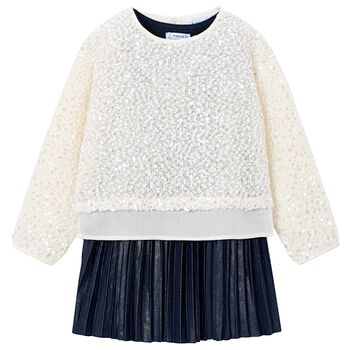 Mayoral Girls Ivory & Navy Blue Sequin Dress Set, 3 Girls Ivory & Navy Blue Sequin Dress Set