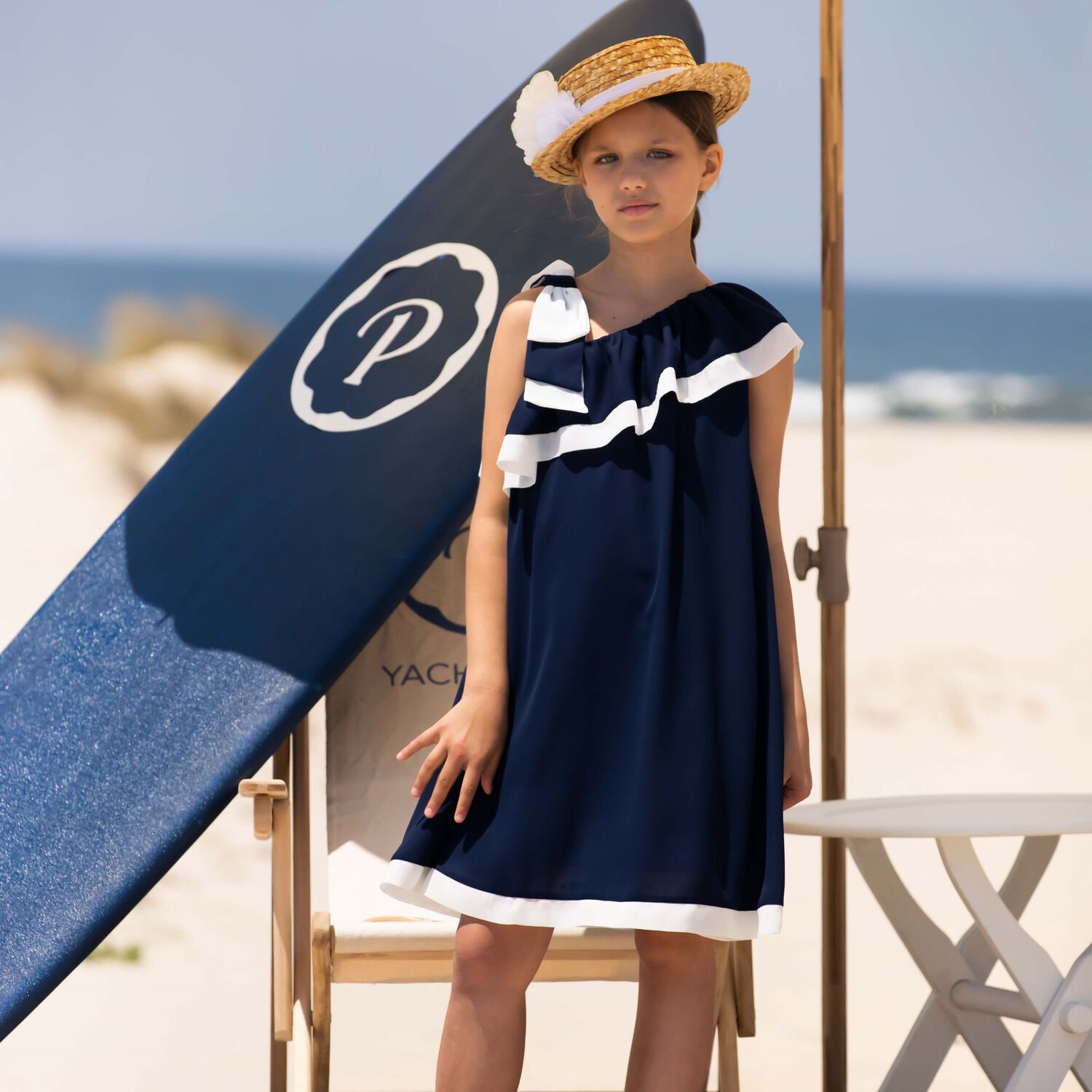 Girls Navy Blue & White Chiffon Dress, 1, hi-res