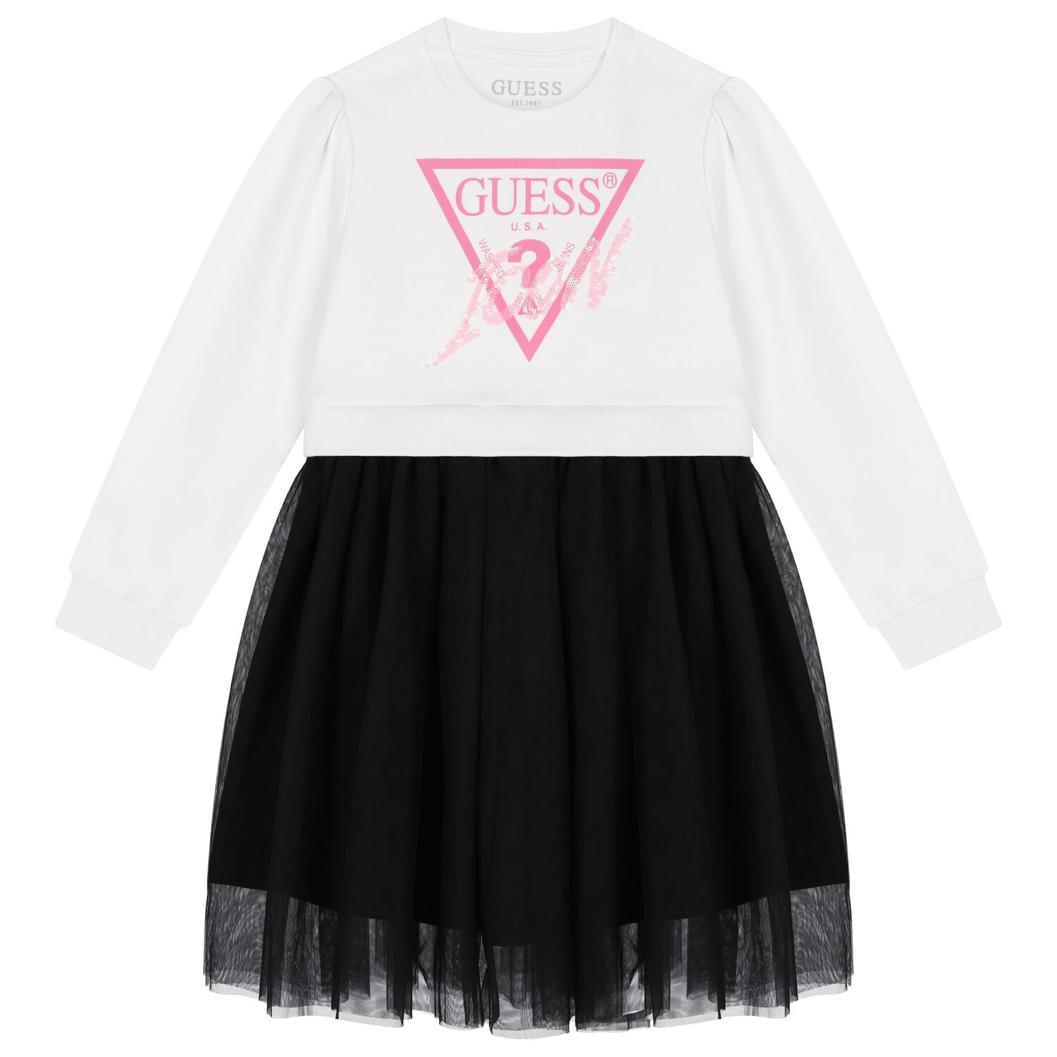Girls White & Black Logo Tulle Dress, 1, hi-res