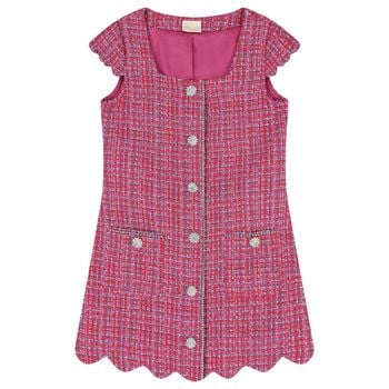 Girls Pink Tweed Diamante Dress