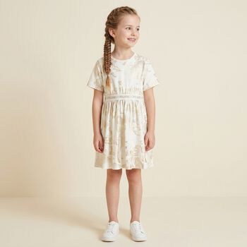 Girls White & Beige Geo Map Dress