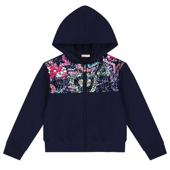 Girls Navy Blue Sequin Hooded Zip Up Top