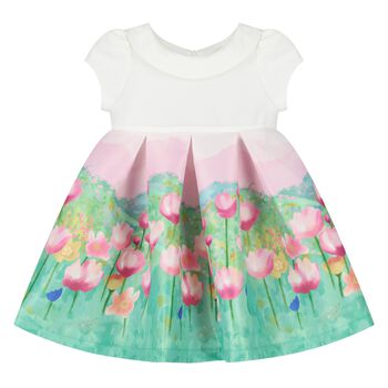 Younger Girls White, Pink & Green Floral Satin Dress