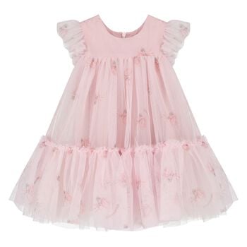 Younger Girls Pink Roses Tulle Dress