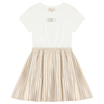 Girls Ivory & Gold Logo Dress