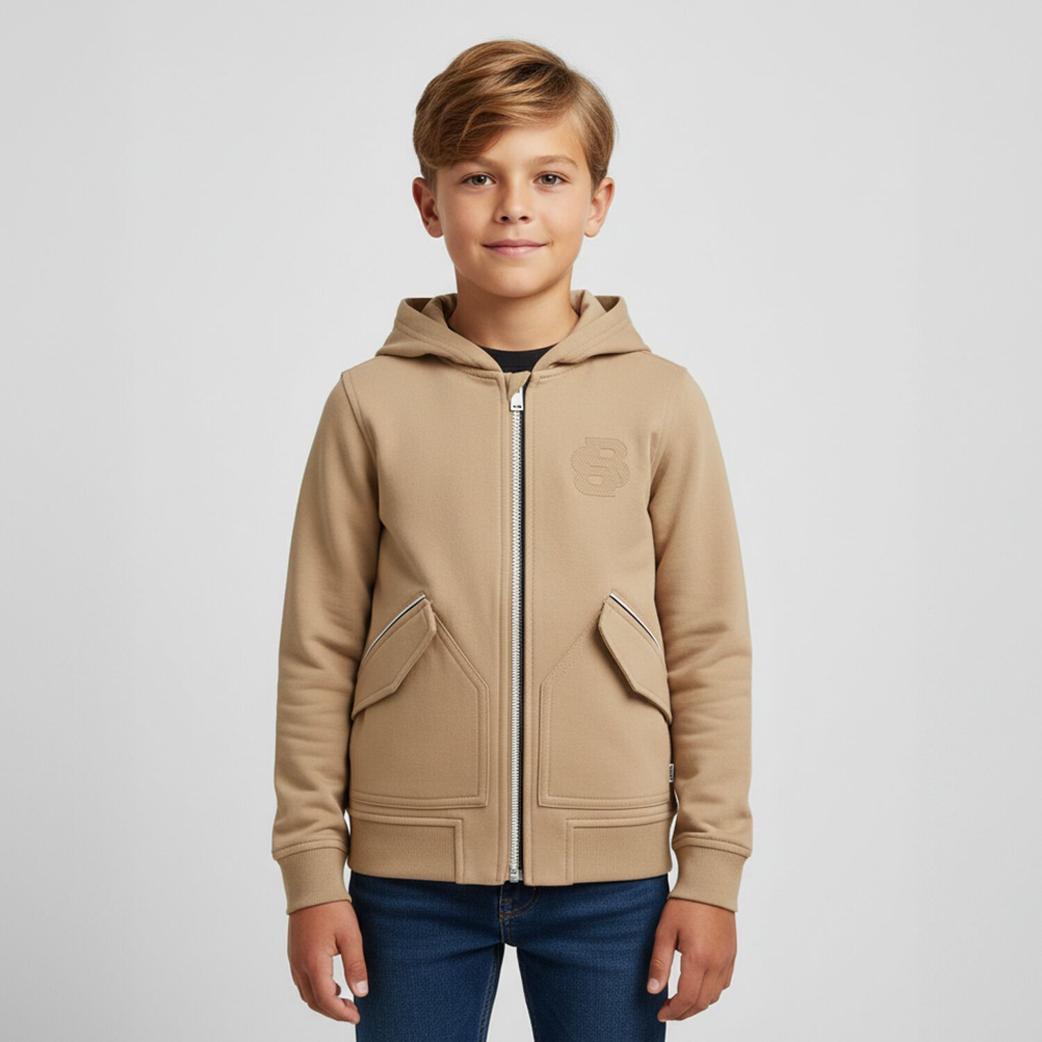 Boys Beige Logo Hooded Zip Up Top, 1, hi-res image number null