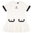 Girls Ivory & Black Logo Dress, 1, hi-res