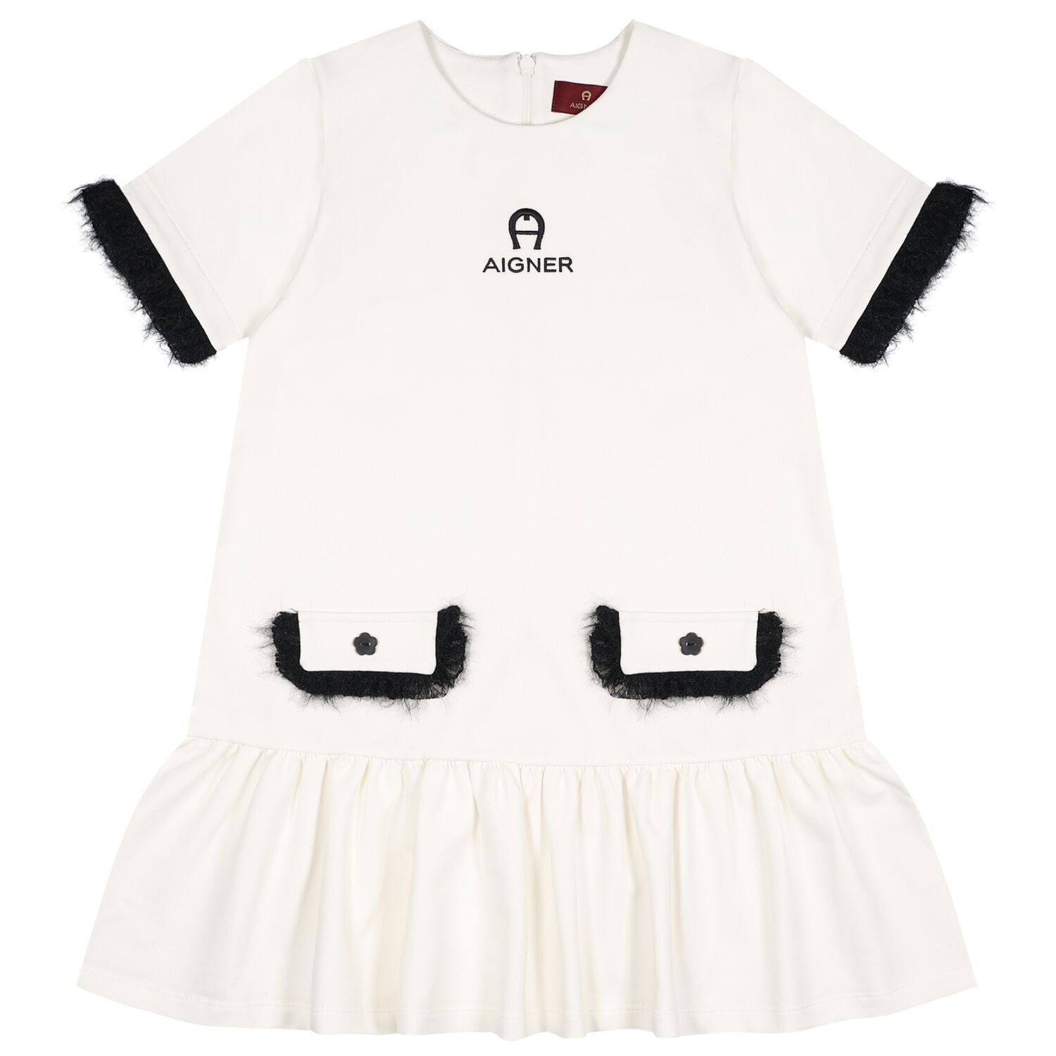 Girls Ivory & Black Logo Dress, 1, hi-res