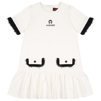 Girls Ivory & Black Logo Dress