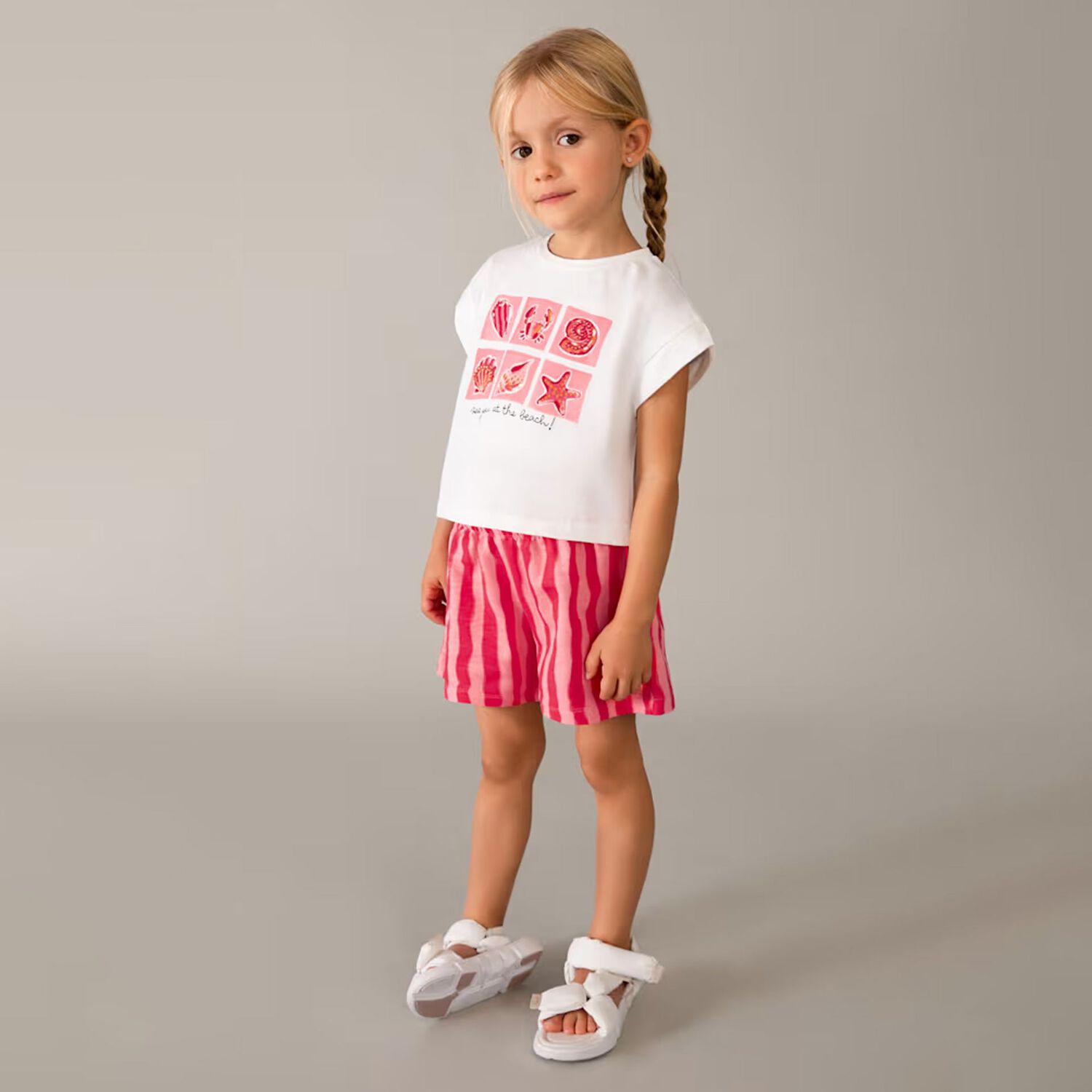 Girls White & Pink Striped Shorts Set, 1, hi-res