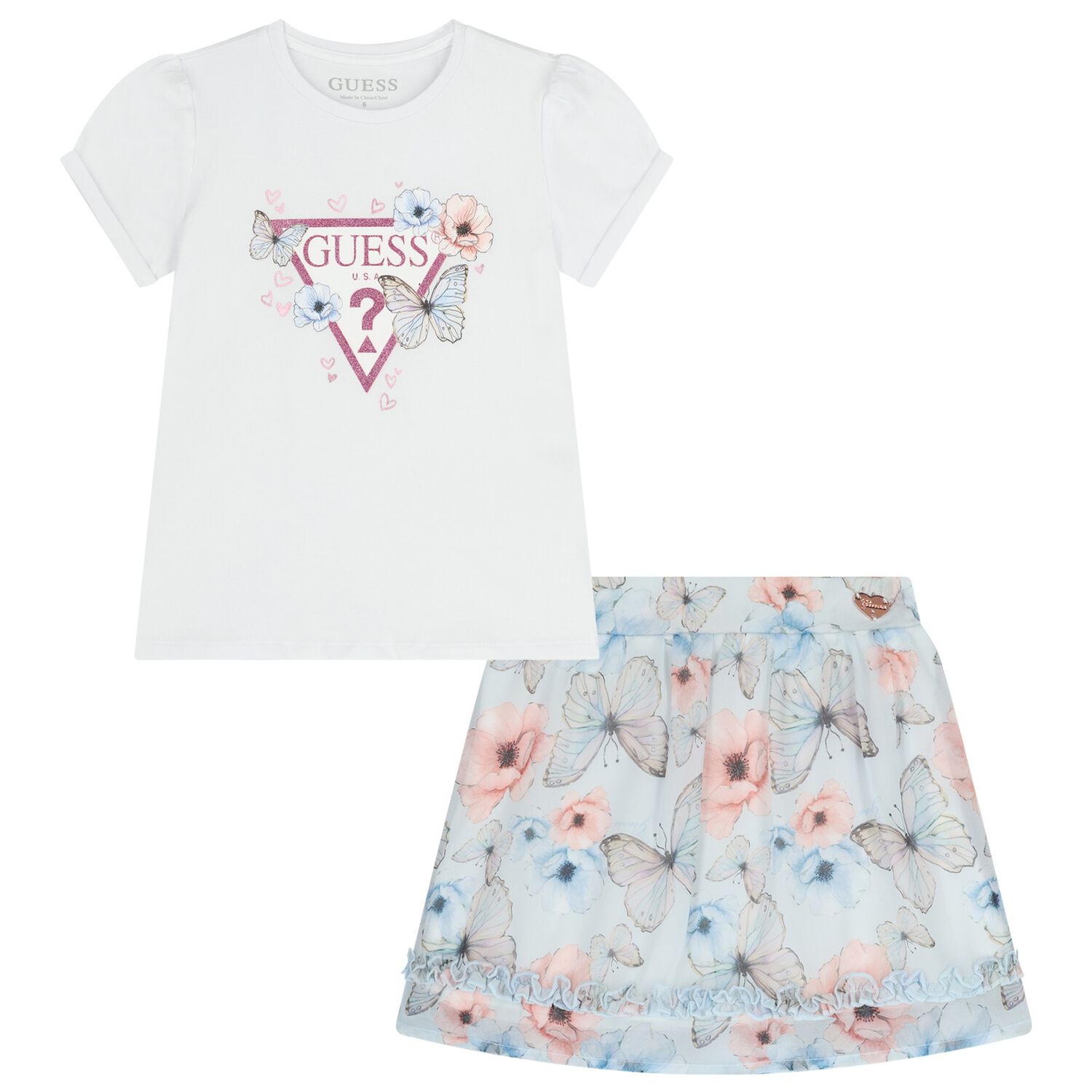Girls White & Blue Floral Skirt Set, 1, hi-res