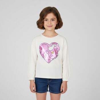 Girls Ivory Cat Long Sleeve Top