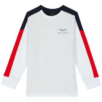 Boys White & Navy Logo Long Sleeve Top