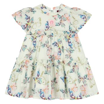 Younger Girls Ivory Butterflies Logo Dress