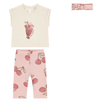 Younger Girls Beige & Pink Cherry Leggings Set