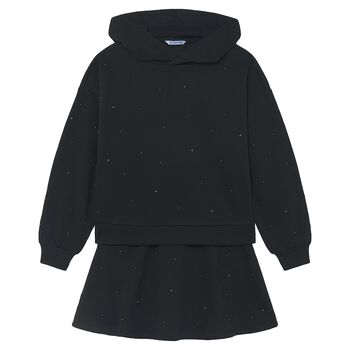 Girls Black Embellished Skirt Set