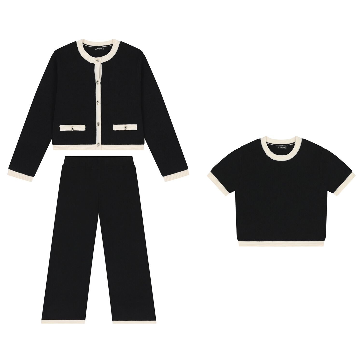 Girls Black & Beige Trousers Set, 1, hi-res