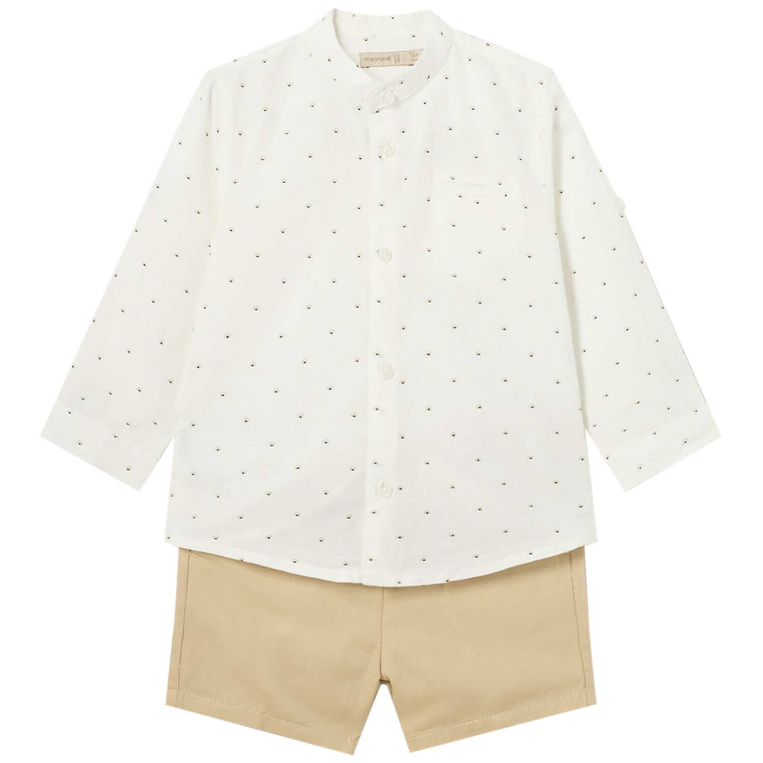 Younger Boys White & Beige Shirt & Shorts Set, 1, hi-res