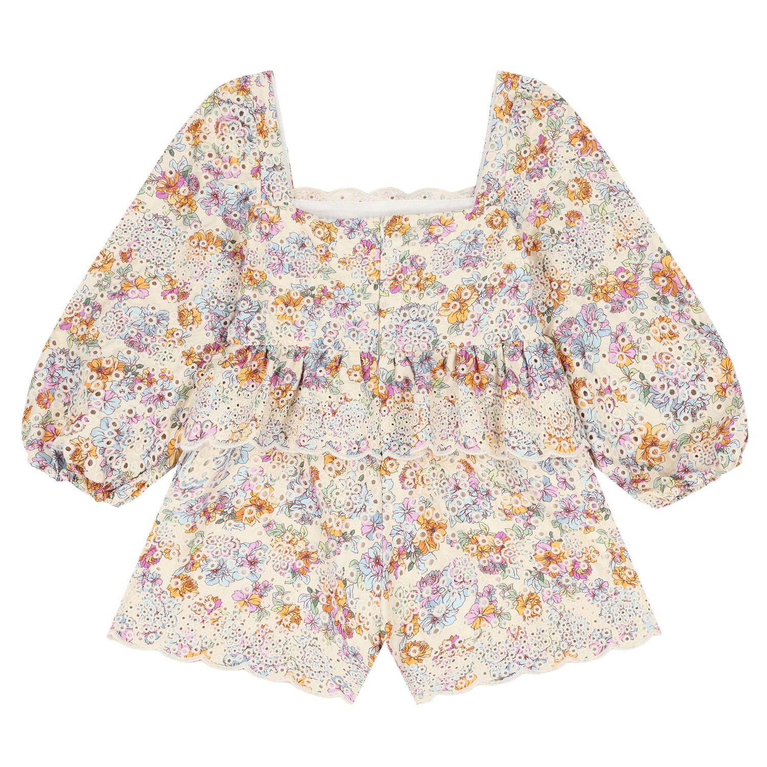 Girls Ivory Floral Embroidered Playsuit, 1, hi-res