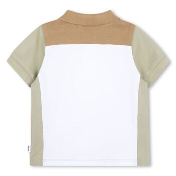 Younger Boys White, Green & Beige Logo Polo Shirt