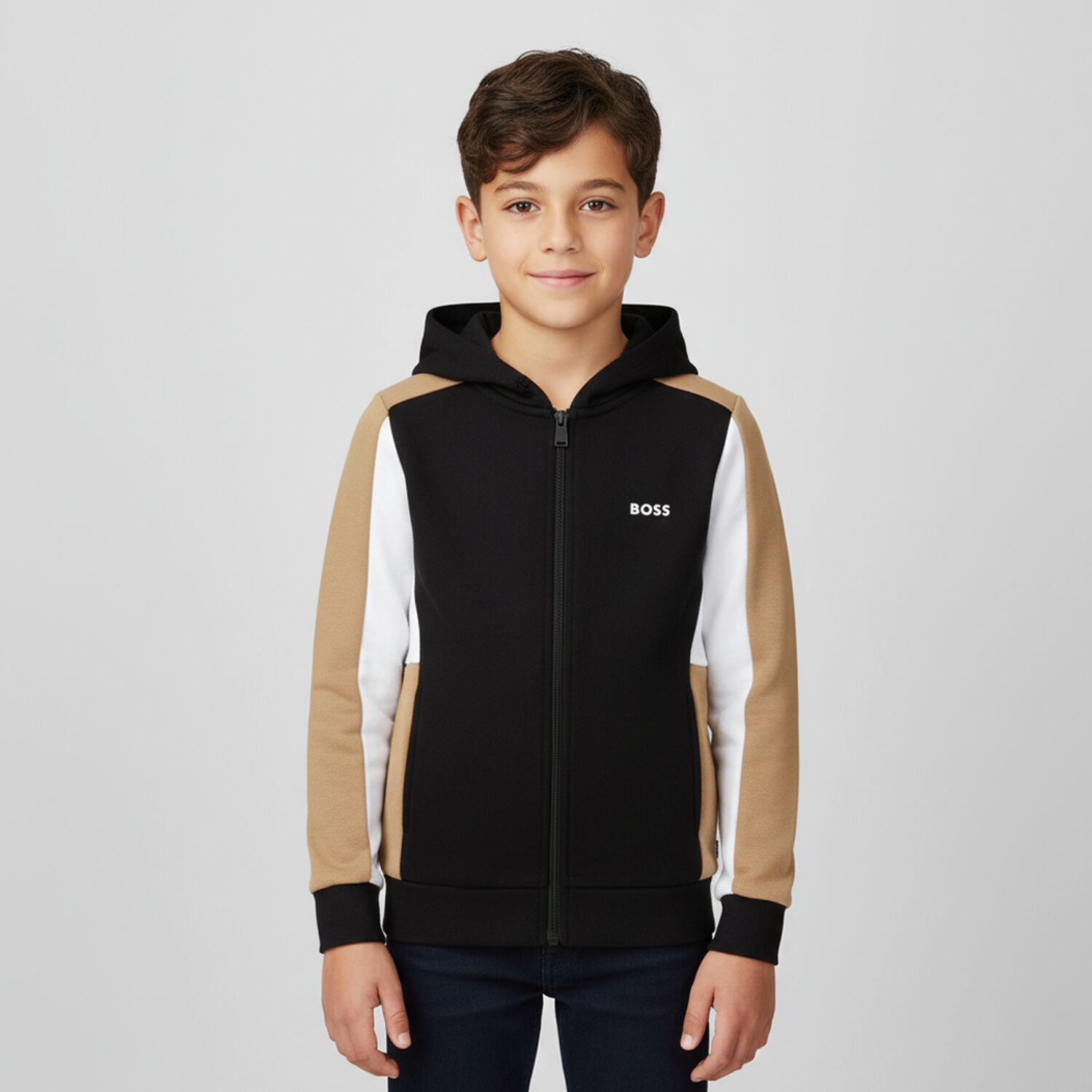 Boys Black, Beige & Ivory Logo Hooded Zip Up Top, 1, hi-res