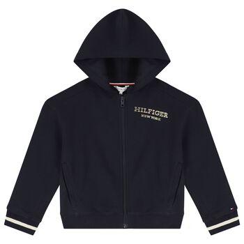 Girls Navy Blue Hooded Zip up Top