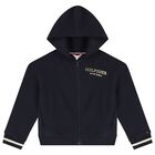 Girls Navy Blue Hooded Zip up Top, 1, hi-res
