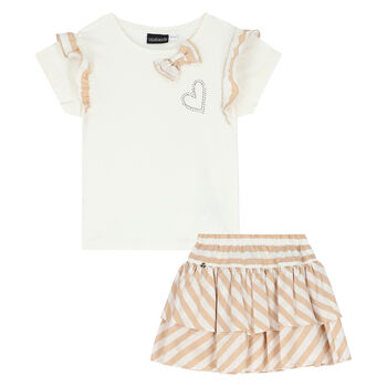 Girls White & Beige Striped Skirt Set