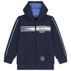 Boys Navy Blue Logo Hooded Zip Up Top, 1, hi-res