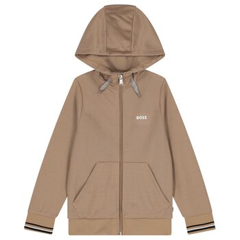 Boys Beige Logo Hooded Zip Up Top