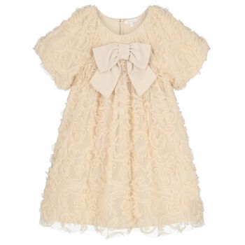 Girls Gold Bow Ruffled Tulle Dress
