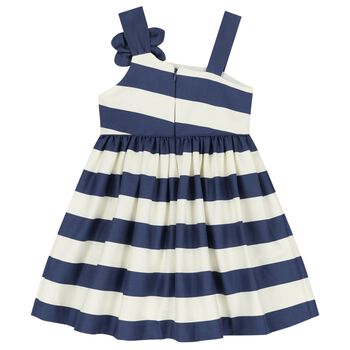 Girls Ivory & Navy Blue Striped Flower Dress