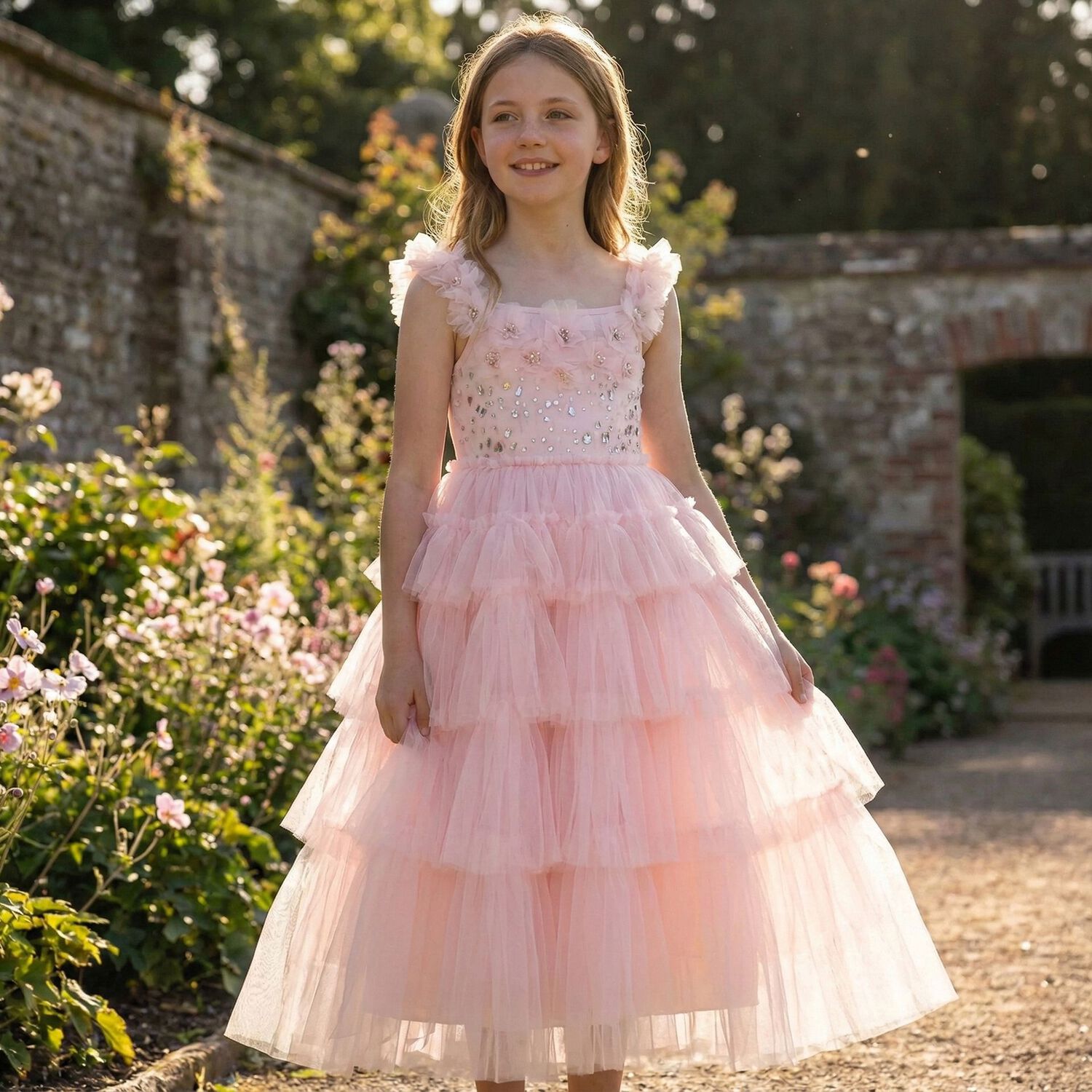 Girls Pink Tiered Tulle Dress, 1, hi-res