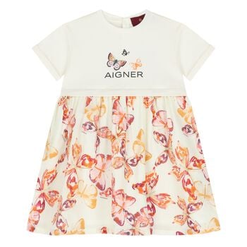 Younger Girls Ivory & Pink Butterflies Logo Dress