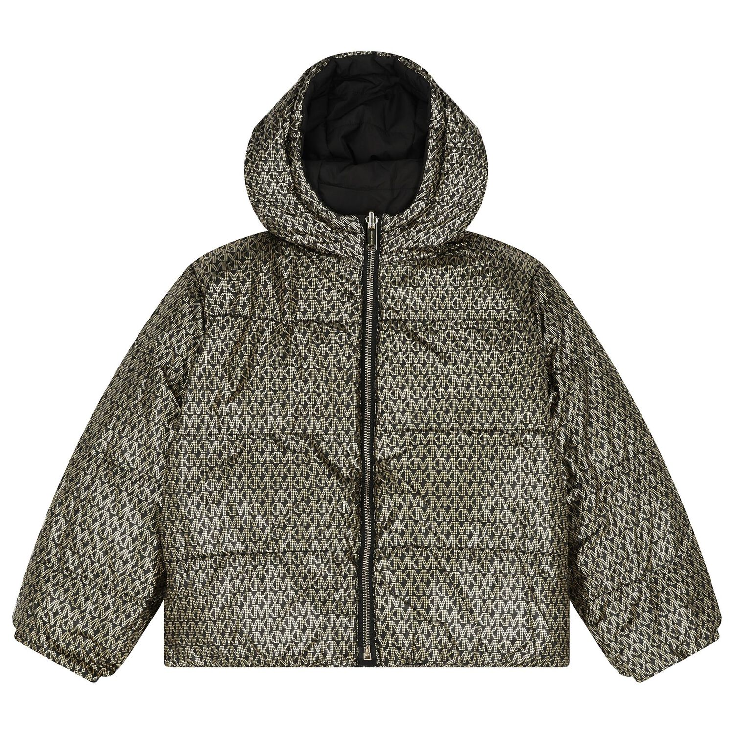 Girls Black & Silver Reversible Puffer Jacket, 1, hi-res
