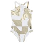 Girls White & Gold Logo Swimsuit, 1, hi-res