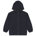 Boys Black & Navy Blue Logo Hooded Zip Up Top, 1, hi-res