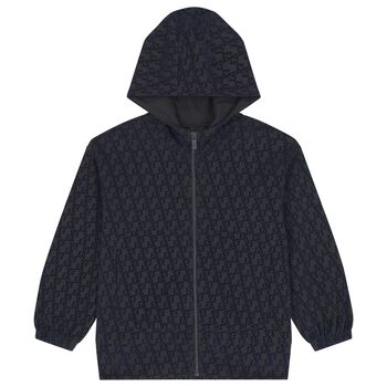 Boys Black & Navy Blue Logo Hooded Zip Up Top