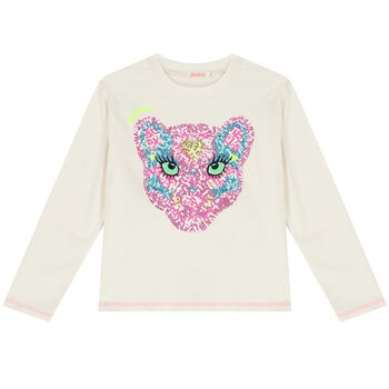 Girls Ivory Sequin Logo Long Sleeve Top