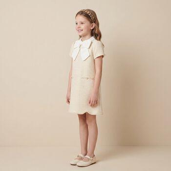 Girls Beige & White Bow Tweed Dress