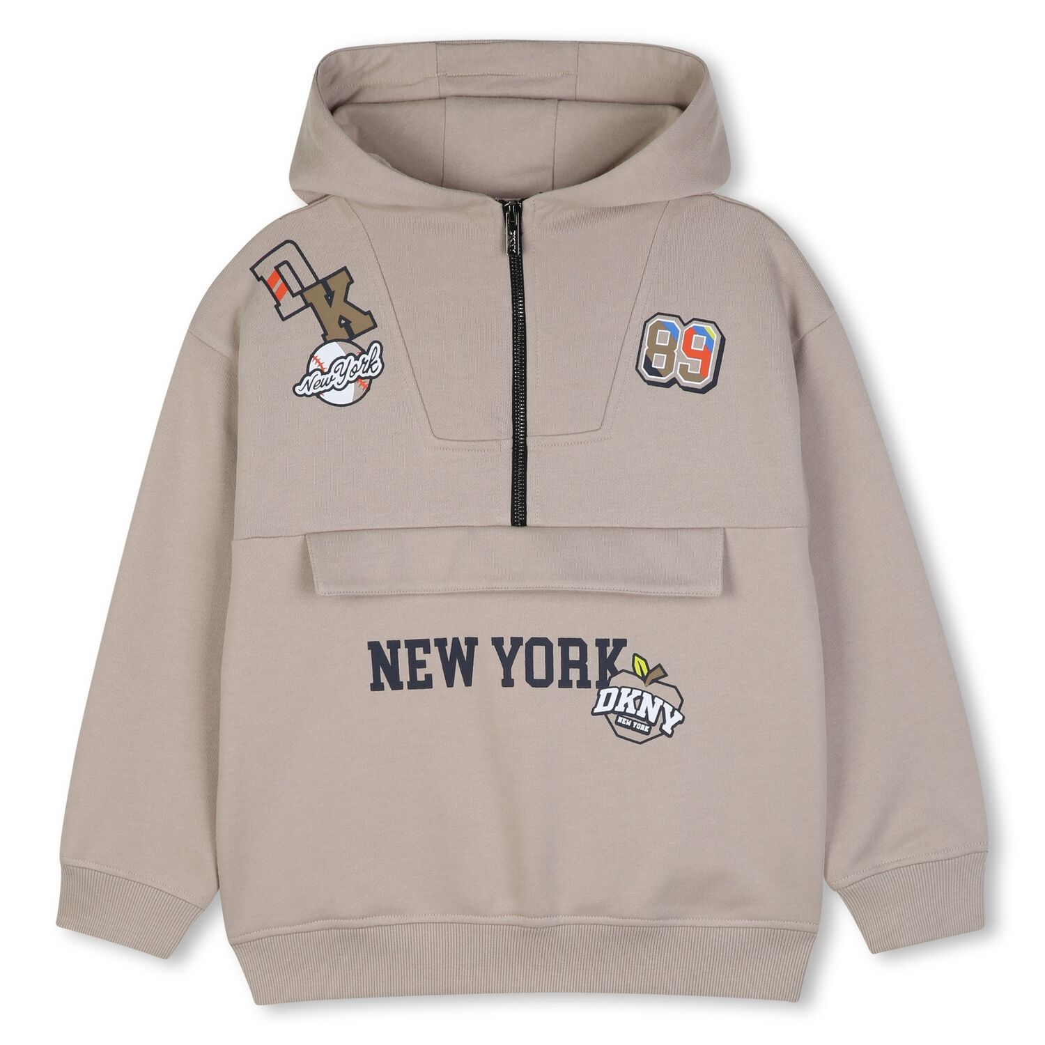 Boys Beige Logo Hooded Zip Up Top, 1, hi-res