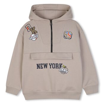 Boys Beige Logo Hooded Zip Up Top